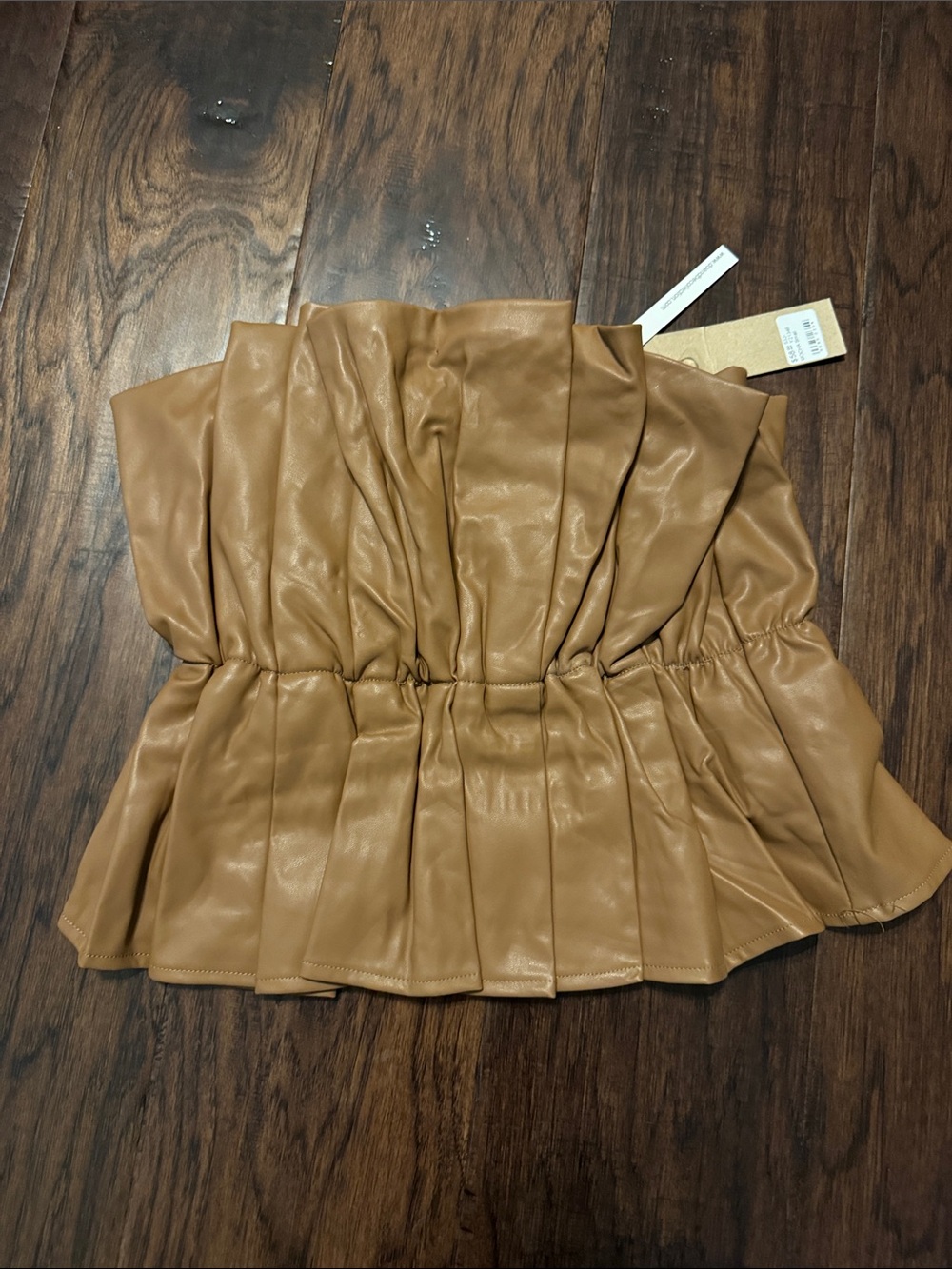 Faux Leather Strapless Peplum Top - Camel